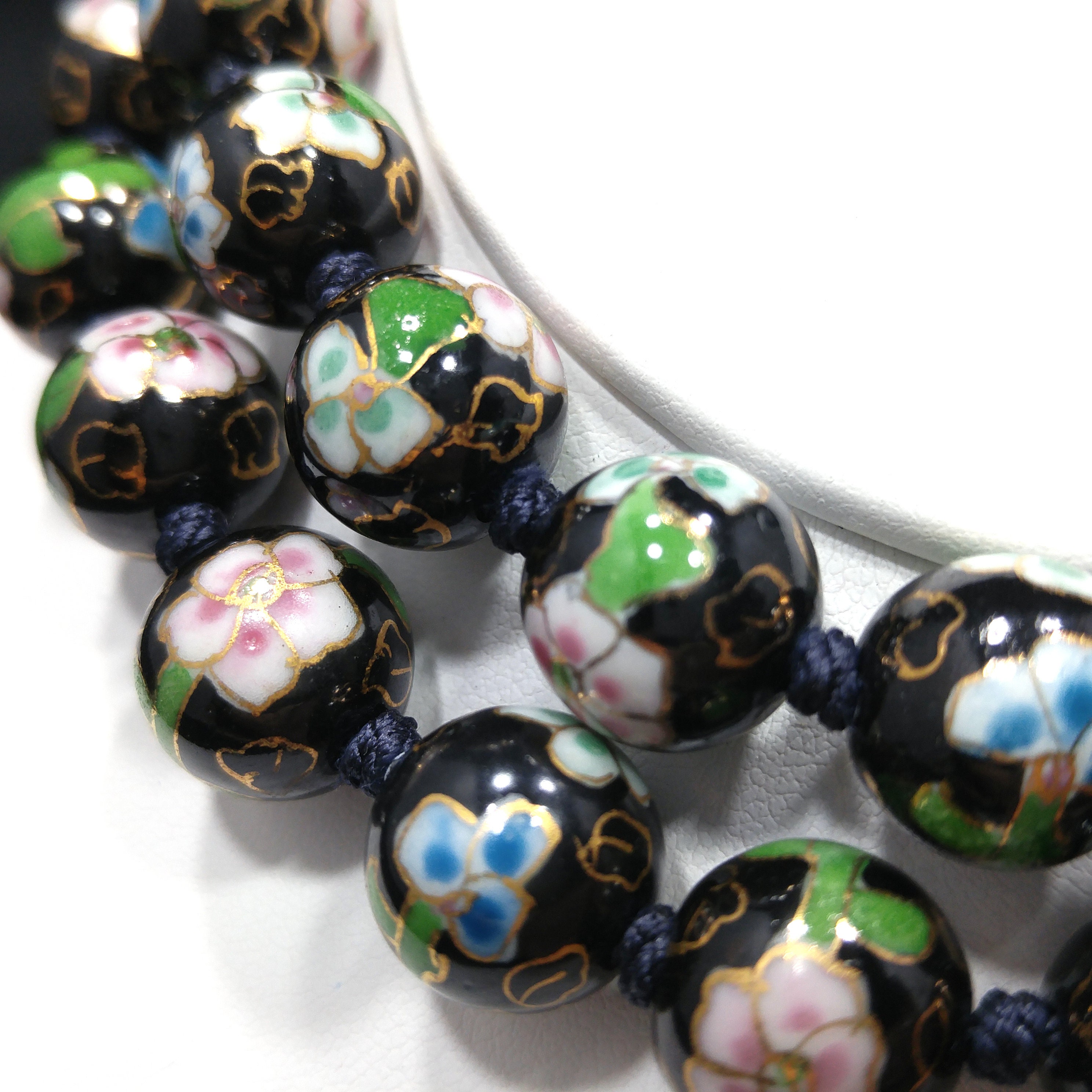 Vintage Black Cloisonné Floral Beaded Necklace, Pink Green