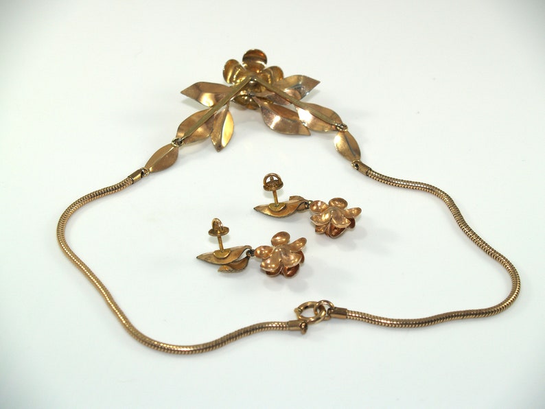 Krementz Necklace /& Earrings Rose Gold Plate Rose Design Unique Screw Post Backs 1940s Mid Century Vintage Jewelry KREMENTZ USA 14 KG Plate