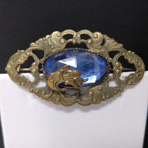Antique Dragon Overlay Blue Glass Brooch, Edwardian Ornate Pin, 1910s Vintage Jewelry image 5