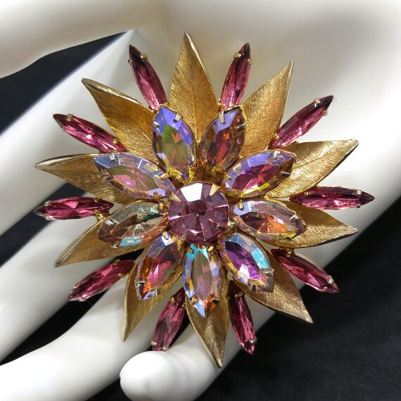 Pink Aurora Borealis Flower Brooch, Gold Plated, Light Dark Pink 