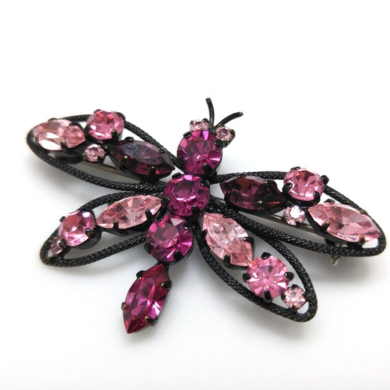 Austrian Pink Butterfly Brooch, Japanned Black En… - image 9