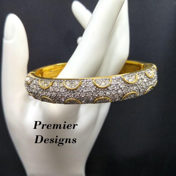 Premier Designs Rhinestone Hinged Bracelet, Magnetic Clasp, 1980s Vintage Jewelry