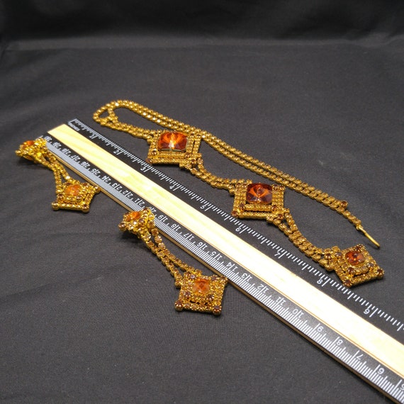 Topaz Glass Rhinestones Long Necklace Earrings, R… - image 5