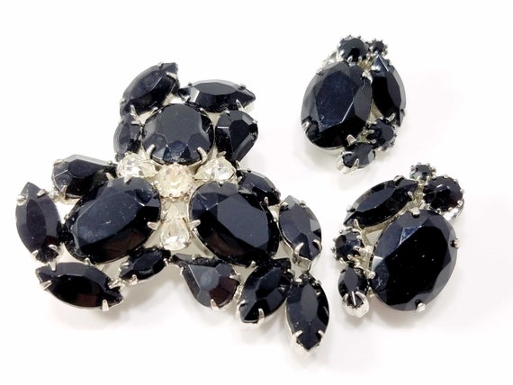 Weiss Black & Clear Rhinestone Brooch and Earring… - image 7