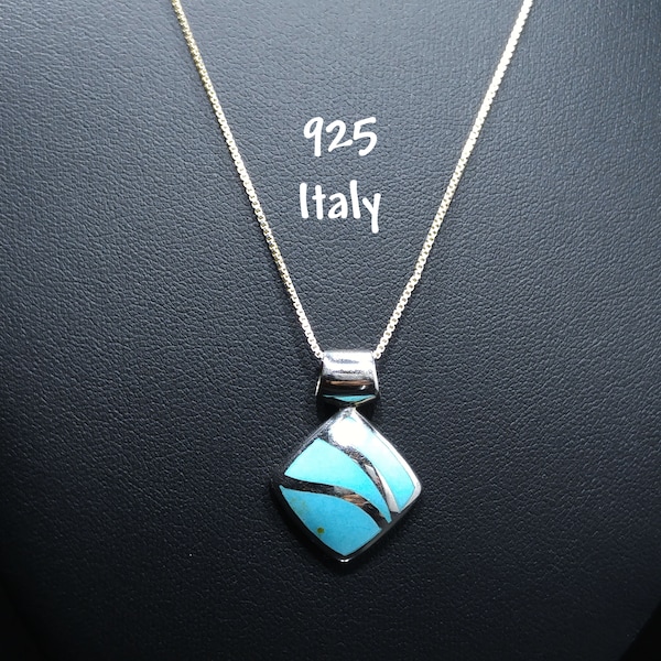 Lucite Faux Turquoise Pendent Necklace, Sterling Italy Box Chain, 1970s Vintage Jewelry
