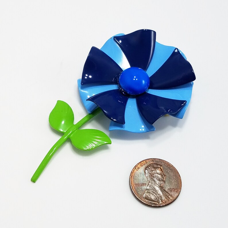 Vintage Two Toned Blue Enamel Metal Flower Brooch Green Stem Double Leaf Vintage Jewelry Vintage 1960s Flower Power Pinwheel Brooch Pin
