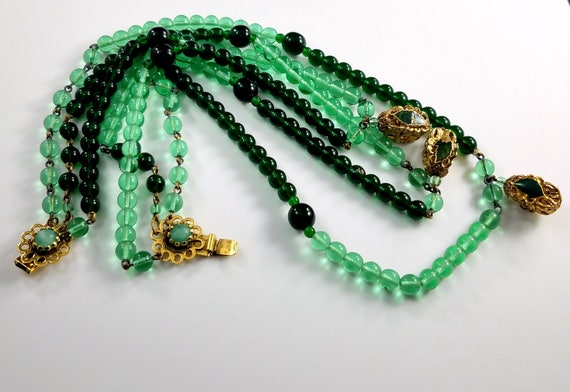 Freirich Green Beaded Necklace. Three Strands, Go… - image 3