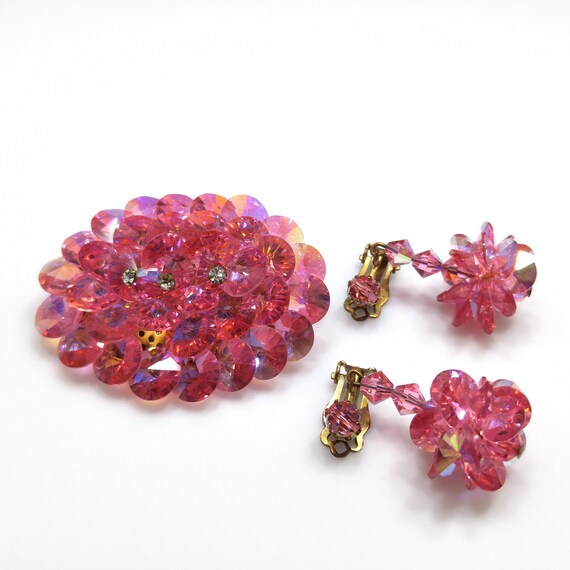 Pink Flat Crystal Brooch & Earrings, Aurora Borea… - image 9