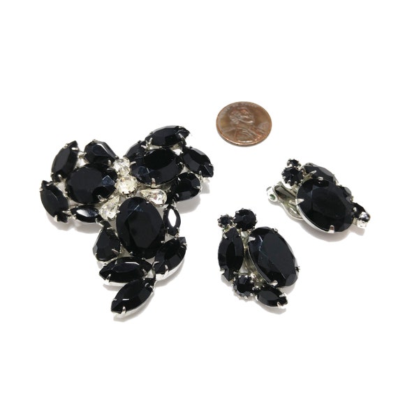 Weiss Black & Clear Rhinestone Brooch and Earring… - image 6