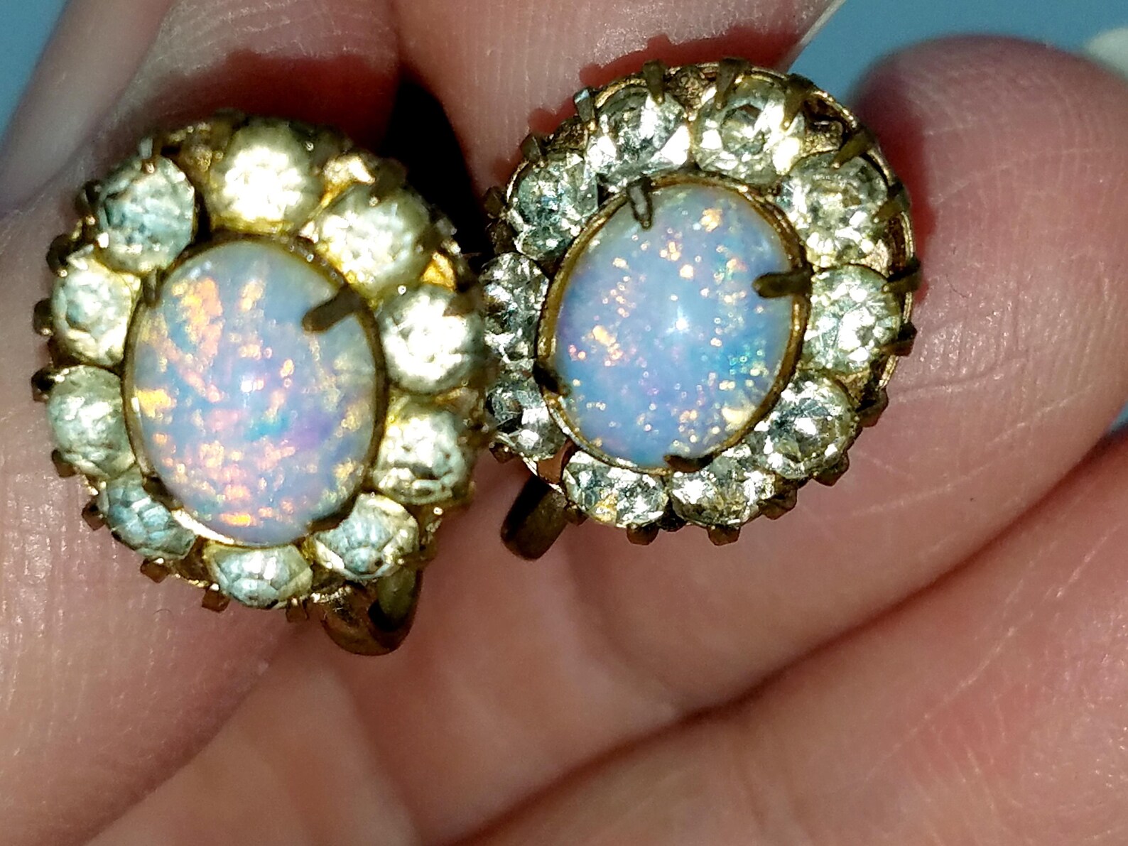 1940s Glass Opal Rhinestone Screw Back Gold Tone Earrings Etsy