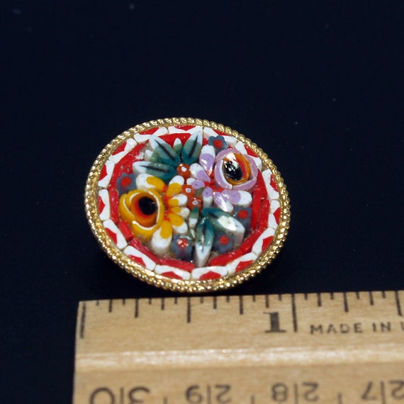 Italy Micro Mosaic Brooch, Raised Floral Design, … - image 7