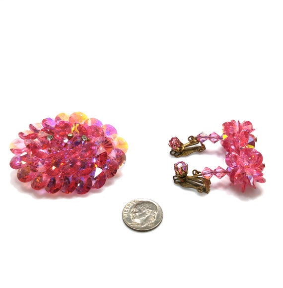 Pink Flat Crystal Brooch & Earrings, Aurora Borea… - image 10
