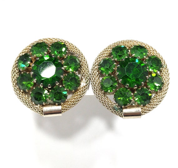 Weiss Green Rhinestone Gold Mesh Earrings, Emeral… - image 4