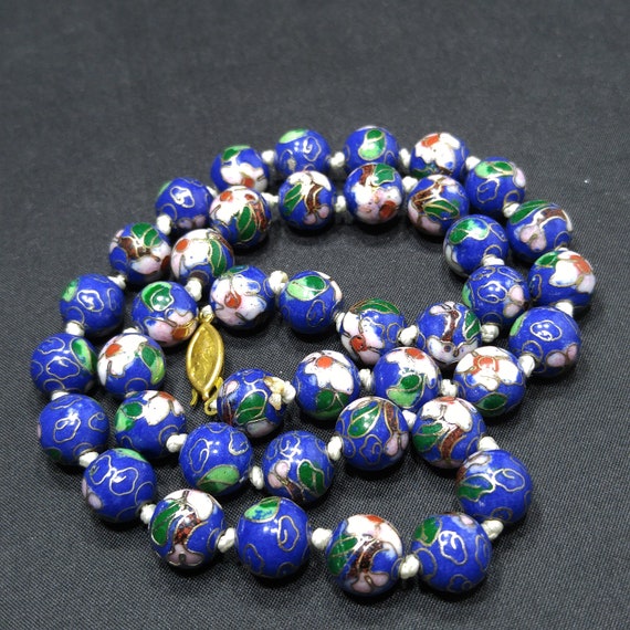 Cloisonne Blue Beaded Necklace, Floral Hand Paint… - image 8