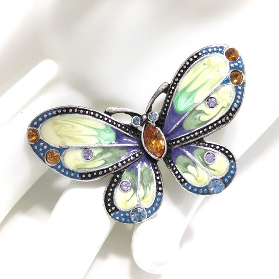 Butterfly Enamel & Rhinestone Brooch, Silver Tone… - image 2