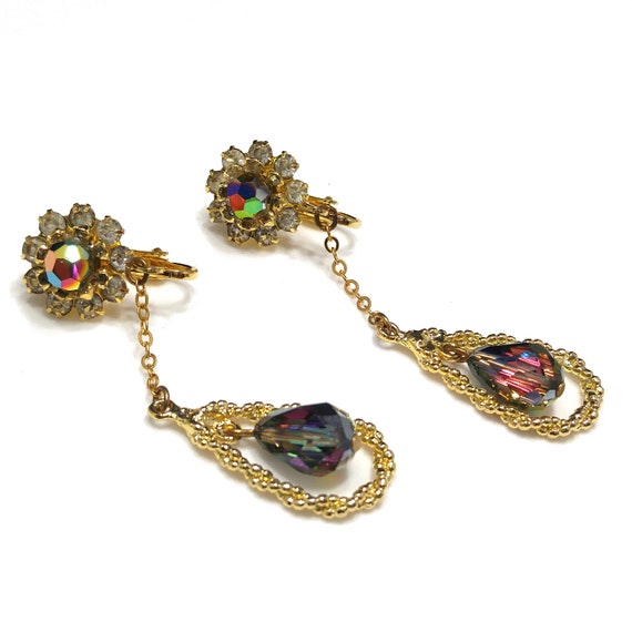 Czech Iridescent Beaded Dangle Clip Earrings, Pea… - image 3