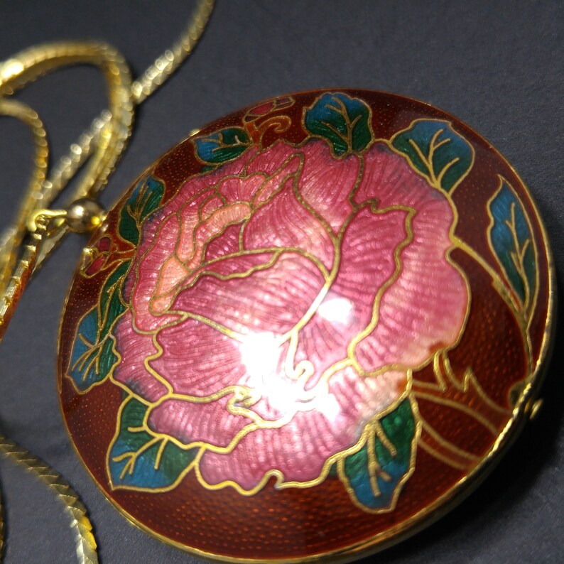 Cloisonne Rose Flower Double Sided Pendant, Gold Tone Long Chain, 1960s Vintage Jewelry image 10