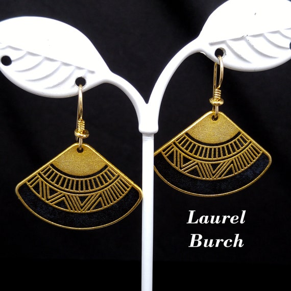 Laurel Burch "Mali" Fan Earrings, Black & Gold Geo