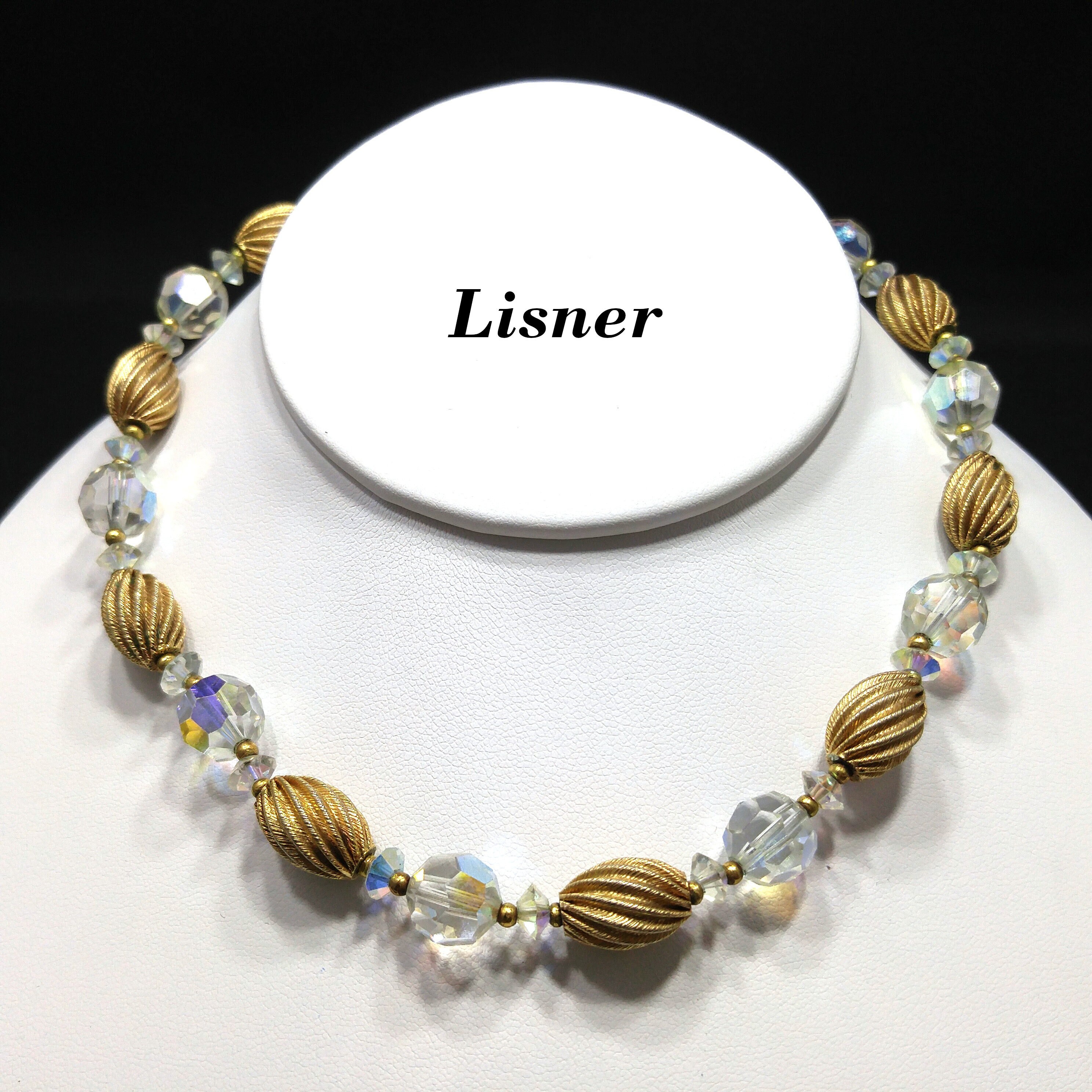 Lisner Crystal Gold Plated Beaded Necklace Aurora Borealis