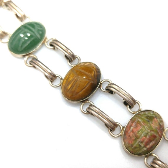 Vintage Silver Gemstone Bracelet,  Carved Scarabs… - image 7