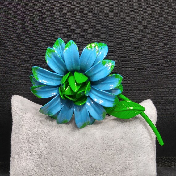 Large Flower Brooch, Blue & Green Enamel on Metal… - image 9
