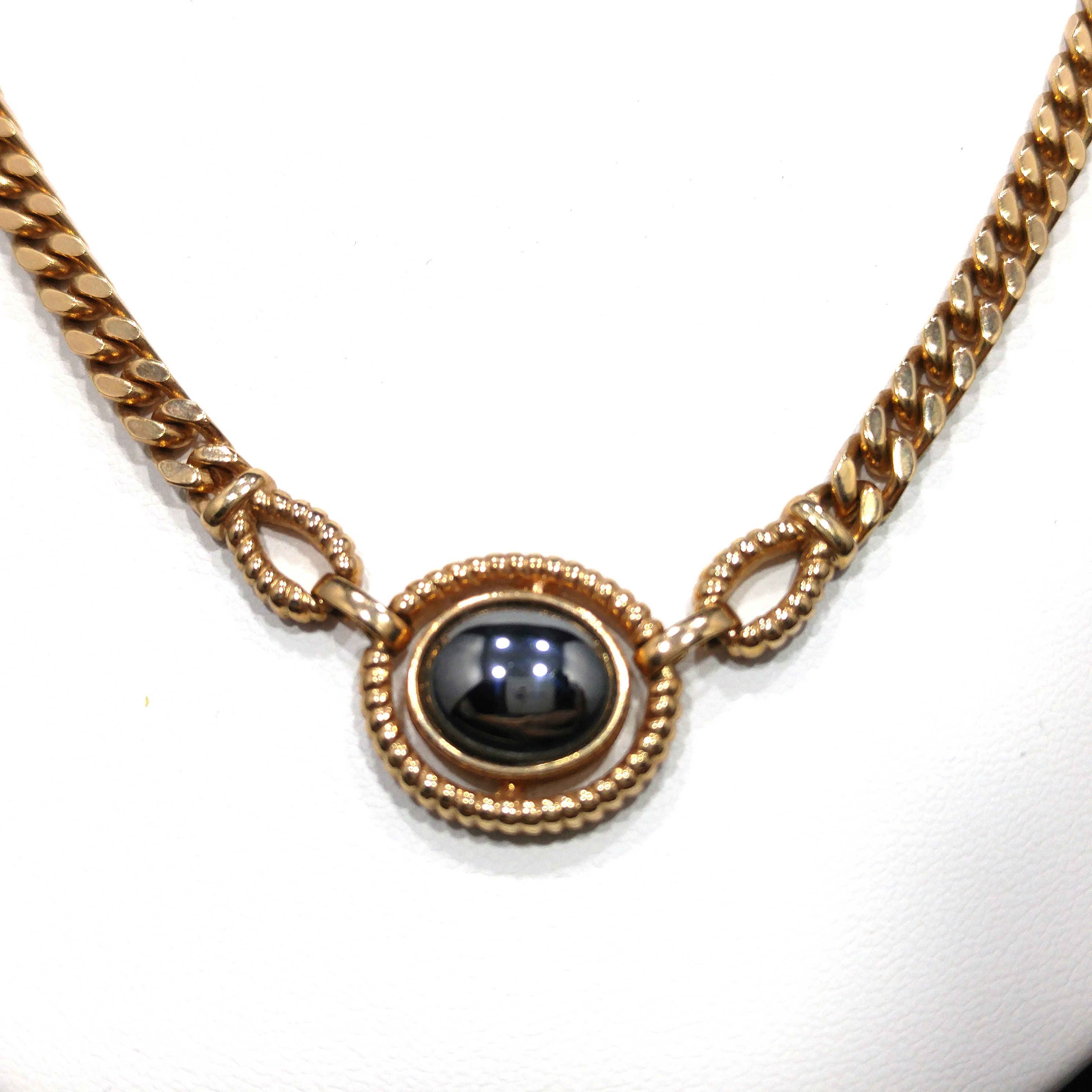 Louis Feraud Vintage Gold Chain Link Necklace w Black Pearlized