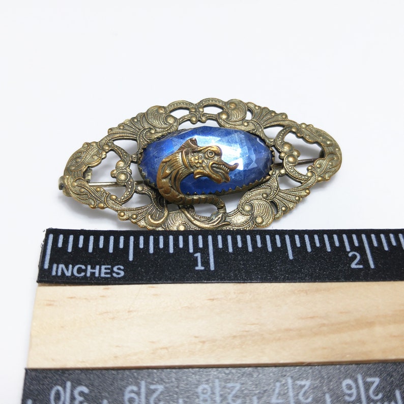 Antique Dragon Overlay Blue Glass Brooch, Edwardian Ornate Pin, 1910s Vintage Jewelry image 9