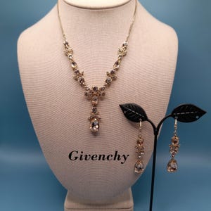 Givenchy Necklace Earrings Rhinestone Jewelry Set, Champagne Crystals, Lever-back Earrings, Gold Tone