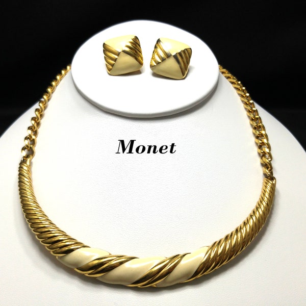 Monet Cream Enamel Necklace Earrings, Gold Plated, 1960s Vintage Jewelry