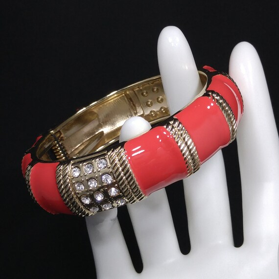 Red Enamel Gold Tone Hinged Bracelet, Clear Rhine… - image 2