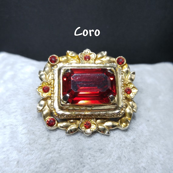 Coro Pegasus Red Rhinestone Brooch, Gold Plated, 1