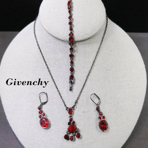 Givenchy Red Rhinestone Jewelry Set, Necklace Bra… - image 1