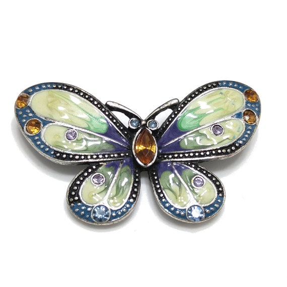 Butterfly Enamel & Rhinestone Brooch, Silver Tone… - image 1