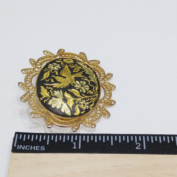 Damascene Filigree Oval Brooch, Flower & Bird Pin… - image 10