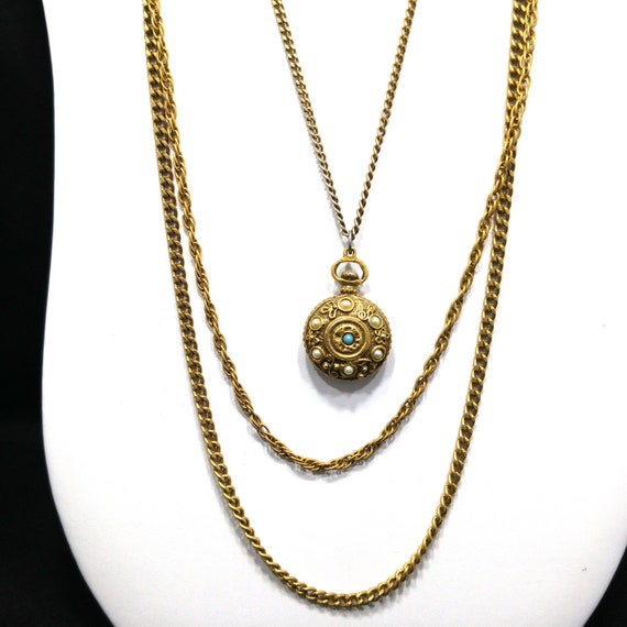 Goldette Three Strand Necklace, Long Chains & Pen… - image 5