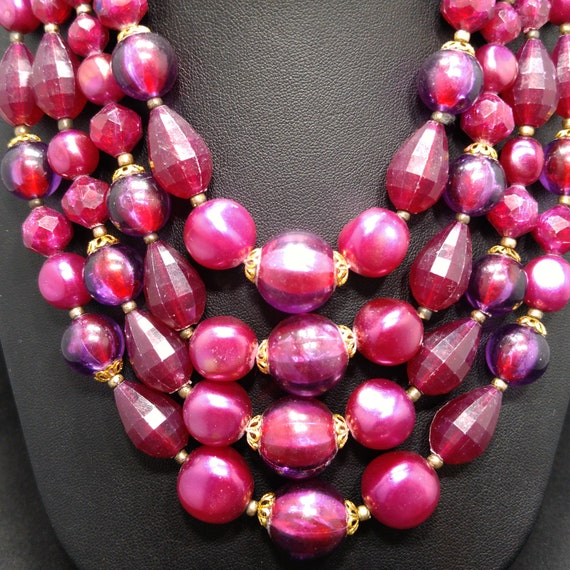 West Germany Cranberry Red Beaded Necklace, Four … - image 3