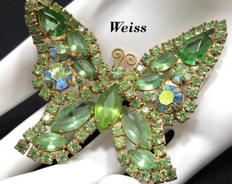 Weiss Peridot Green Rhinestone Butterfly Brooch, Gold Plated