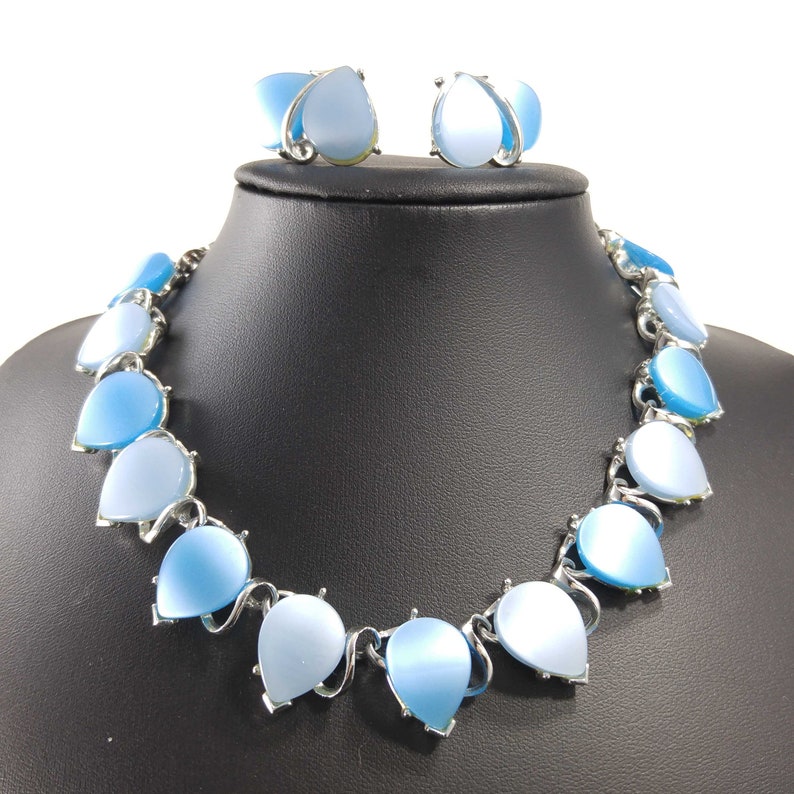 Mid Century Leaves Blue Necklace & Earrings Thermoset Links Etsy