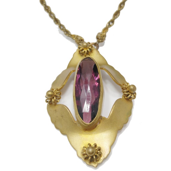 Victorian Purple Glass Pendant Necklace, Golden B… - image 10