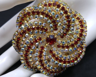 Pinwheel Rhinestones Brooch, AB Clear Red Rhinestones, Gold Plated, 1960s Vintage Jewelry