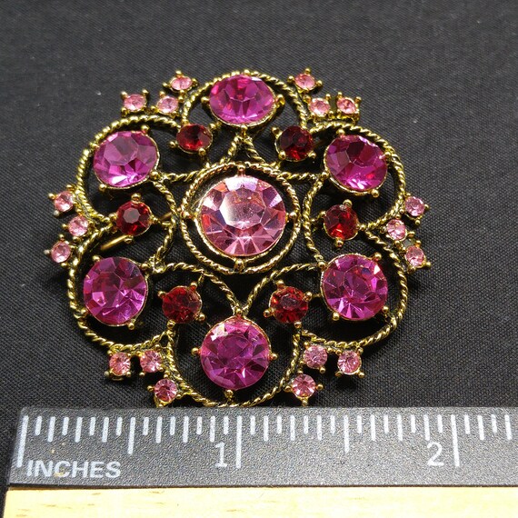 Weiss Pink Rhinestone Brooch, Antique Gold Rope P… - image 9