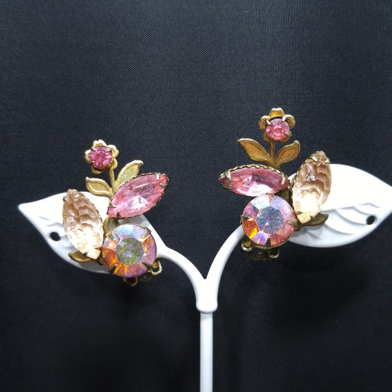 Pink Rhinestone Floral Earrings, Lava Glass, Auro… - image 2