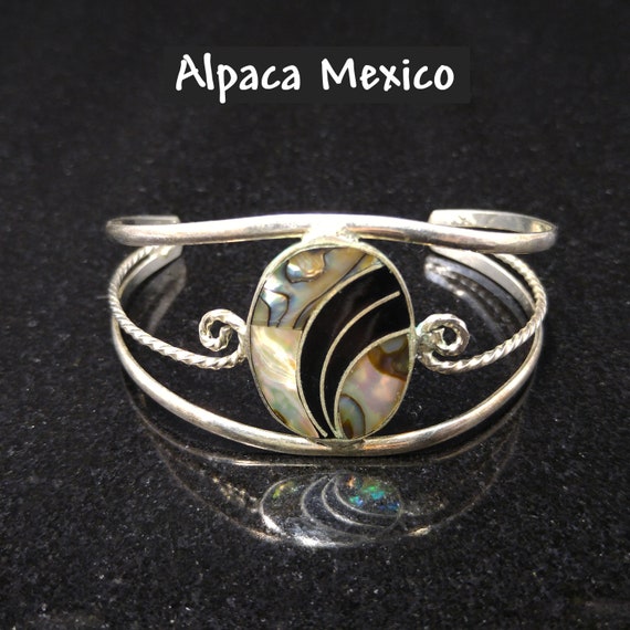 Abalone Silver Cuff Bracelet Alpaca Mexico Nickel Silver 1970s