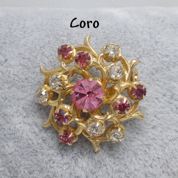 Coro Pink Rhinestone Brooch, Gold Plated Scatter … - image 1