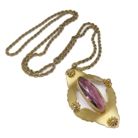 Victorian Purple Glass Pendant Necklace, Golden B… - image 4