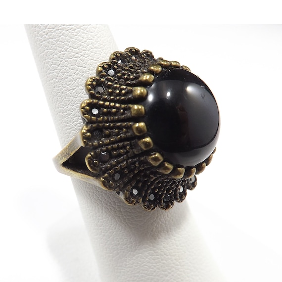 Vintage Marcasite Ring, Black Lucite Stone, 1960s… - image 1