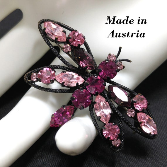 Austrian Pink Butterfly Brooch, Japanned Black En… - image 1