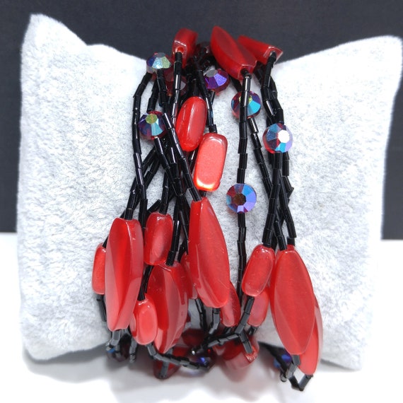 Multi-strand Black & Red Beaded Bracelet, Lucite … - image 3