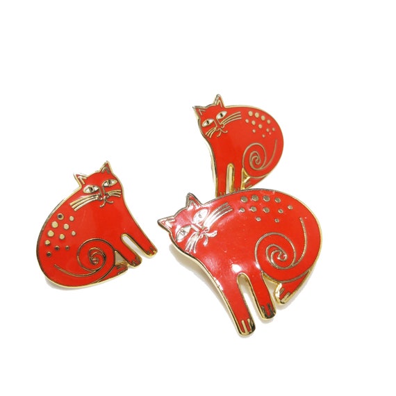 Laurel Burch "Keshire Cat" Red Brooch & Post Earr… - image 7