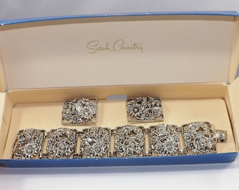 Sarah Coventry Demi-Parure Wide Book Chain Floral Silver Tone Bracelet and Matching Earrings Clip Signed Sarah Cov 1960s New in Original Box